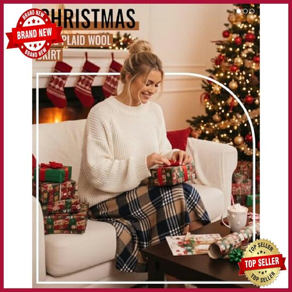 Women's Long Plaid Wool Skirt High Waisted A-Line Pleated with Pockets - Picture 5 of 8